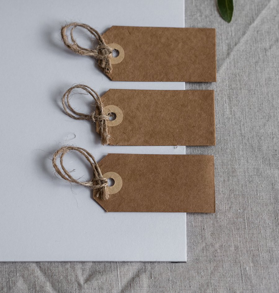 Three blank kraft luggage tags with jute twine on a linen surface