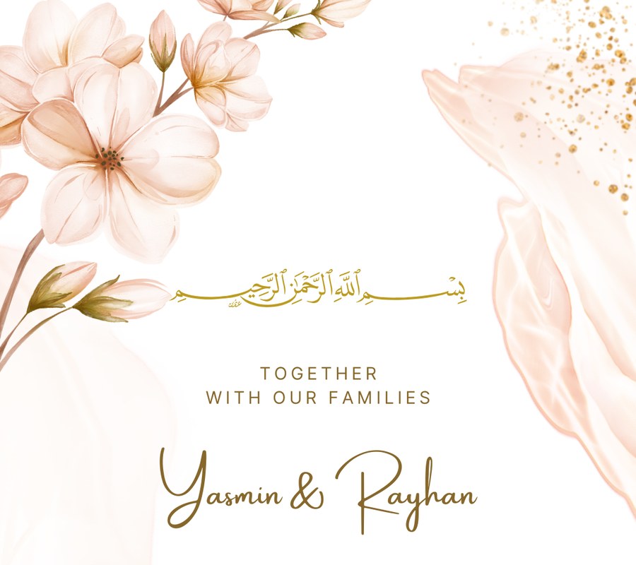Blush and gold personalised wedding invitation with painted florals and gold script