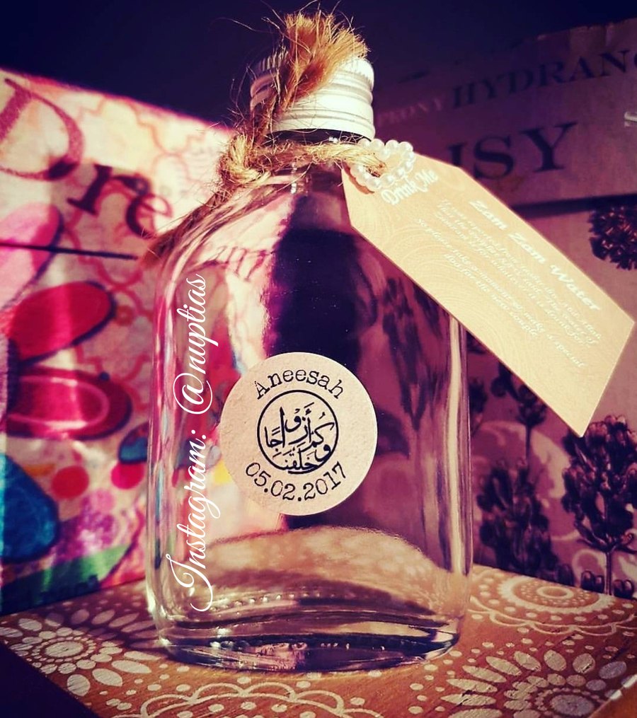 Personalised Zam Zam water bottle favour with kraft tag, twine and Arabic calligraphy sticker